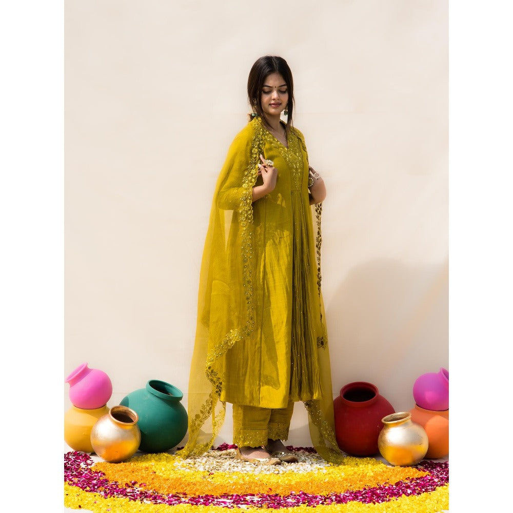 MITHI SUPARI Lime Parijat Anarkali Kurta with Pant and Dupatta (Set of 3)