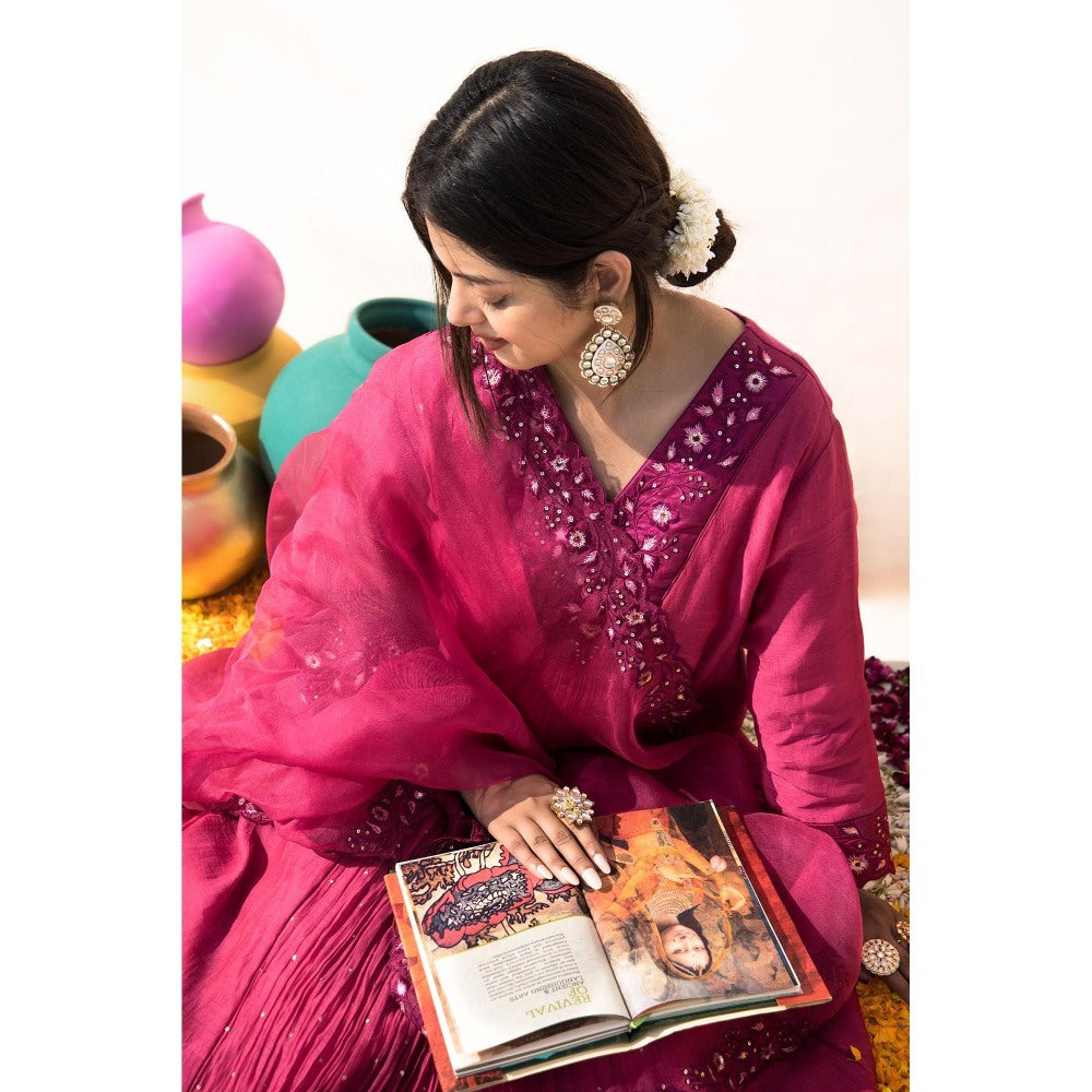 MITHI SUPARI Pink Parijat Anarkali Kurta with Pant and Dupatta (Set of 3)