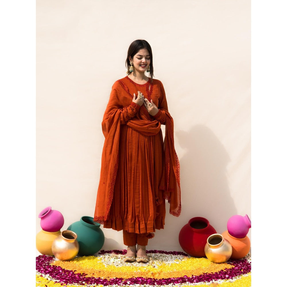 MITHI SUPARI Rust Gulmohar Angarkha Kurta with Pant and Dupatta (Set of 3)