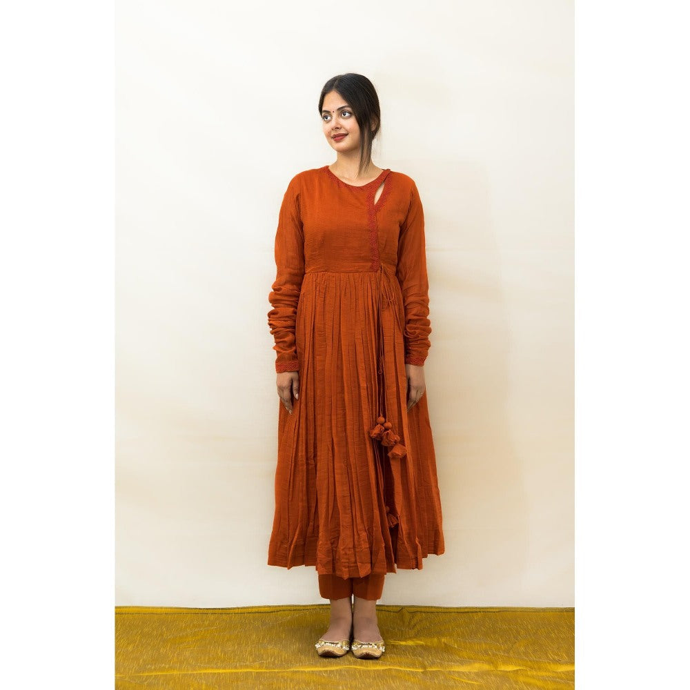 MITHI SUPARI Rust Gulmohar Angarkha Kurta with Pant and Dupatta (Set of 3)