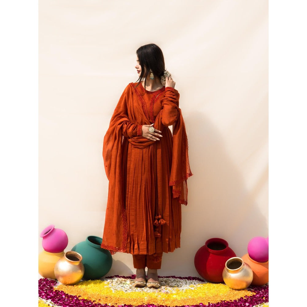 MITHI SUPARI Rust Gulmohar Angarkha Kurta with Pant and Dupatta (Set of 3)