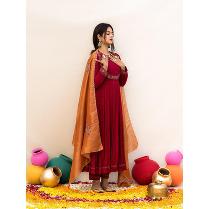 MITHI SUPARI Red Gul Bahaar Anarkali Kurta with Pant and Dupatta (Set of 3)