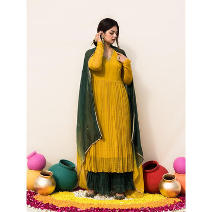 MITHI SUPARI Mustard Mogra Anarkali Kurta with Green Sharara and Dupatta (Set of 3)