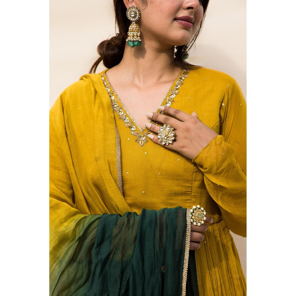 MITHI SUPARI Mustard Mogra Anarkali Kurta with Green Sharara and Dupatta (Set of 3)