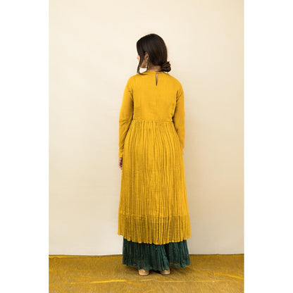 MITHI SUPARI Mustard Mogra Anarkali Kurta with Green Sharara and Dupatta (Set of 3)