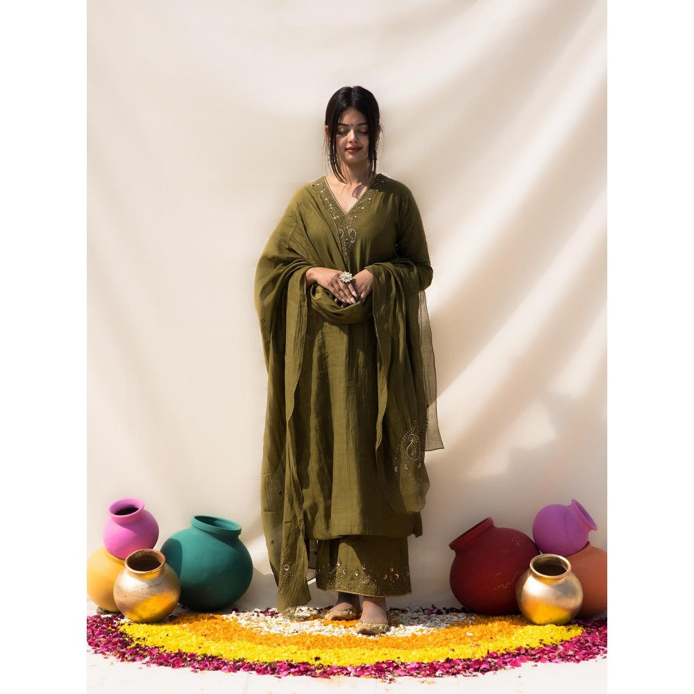 MITHI SUPARI Olive Savani Embroidered and Sequined Kurta with Palazzo and Dupatta (Set of 3)