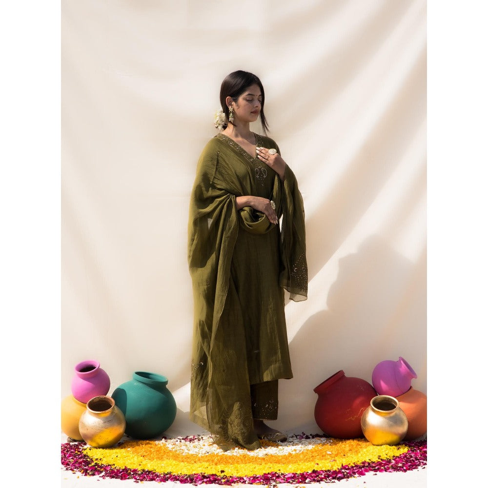 MITHI SUPARI Olive Savani Embroidered and Sequined Kurta with Palazzo and Dupatta (Set of 3)