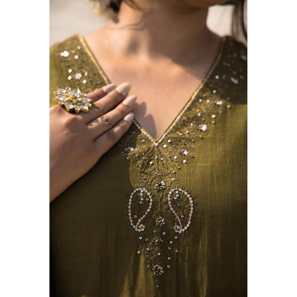 MITHI SUPARI Olive Savani Embroidered and Sequined Kurta with Palazzo and Dupatta (Set of 3)