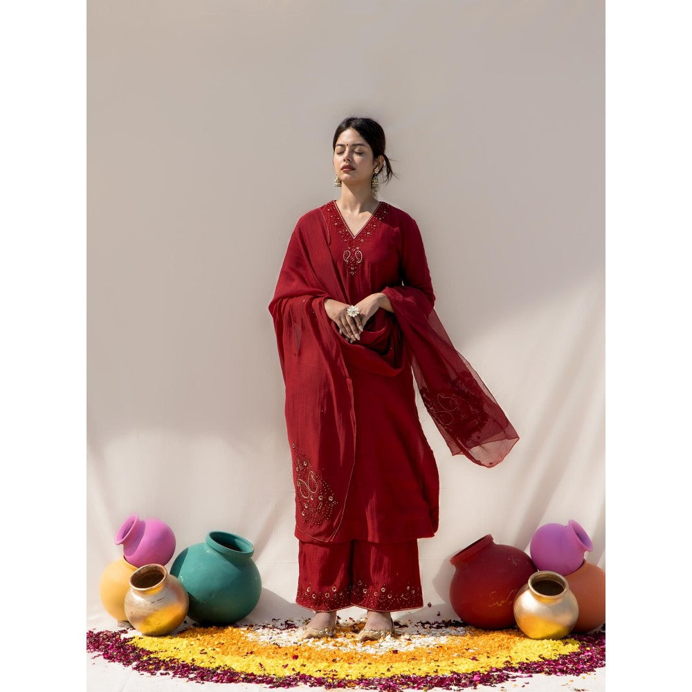 MITHI SUPARI Red Savani Embroidered and Sequined Kurta with Palazzo and Dupatta (Set of 3)