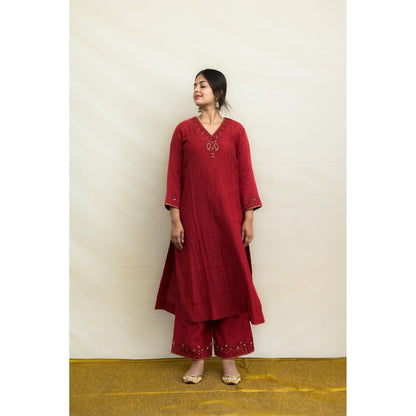 MITHI SUPARI Red Savani Embroidered and Sequined Kurta with Palazzo and Dupatta (Set of 3)