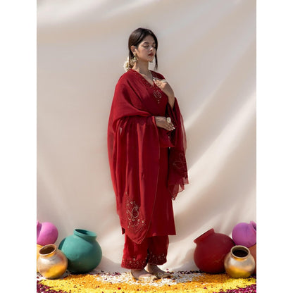 MITHI SUPARI Red Savani Embroidered and Sequined Kurta with Palazzo and Dupatta (Set of 3)