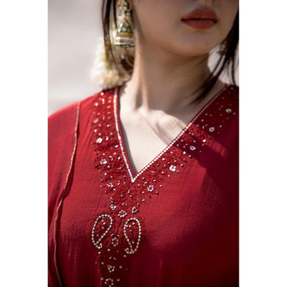 MITHI SUPARI Red Savani Embroidered and Sequined Kurta with Palazzo and Dupatta (Set of 3)