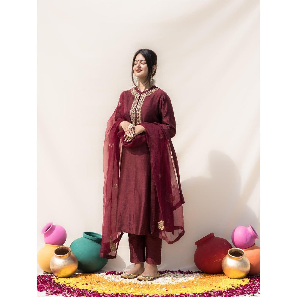 MITHI SUPARI Wine Kamini Embroidered Kurta with Pant and Dupatta (Set of 3)