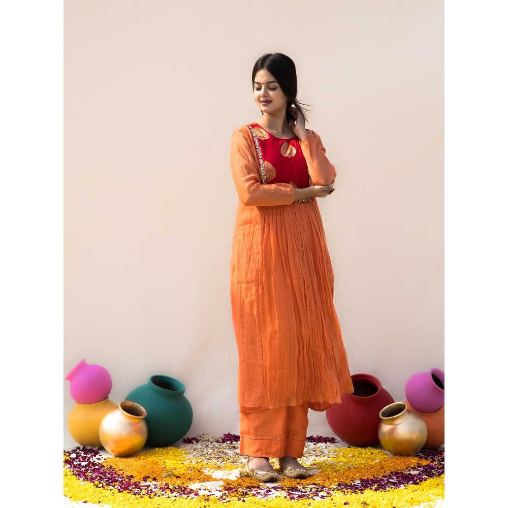MITHI SUPARI Orange and Red Basanti Kurta with Pant (Set of 2)