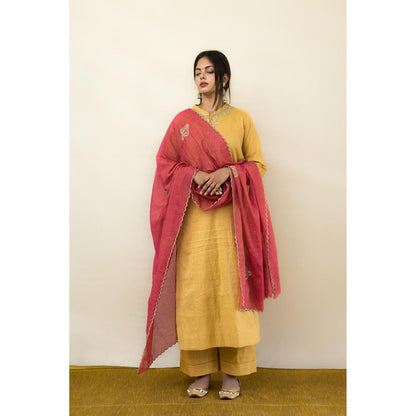 MITHI SUPARI Beige India Embroidered Kurta with Pant and Dupatta (Set of 3)