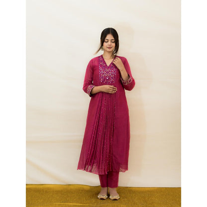 MITHI SUPARI Plum India Embroidered and Mirror Work Anarkali Kurta with Pant (Set of 2)