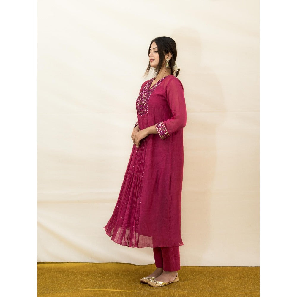 MITHI SUPARI Plum India Embroidered and Mirror Work Anarkali Kurta with Pant (Set of 2)