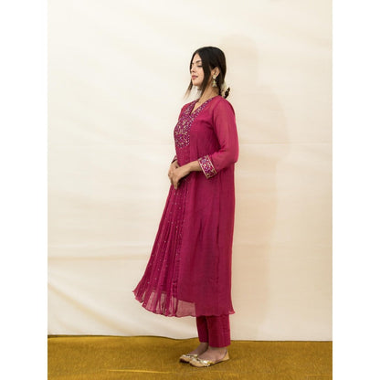 MITHI SUPARI Plum India Embroidered and Mirror Work Anarkali Kurta with Pant (Set of 2)