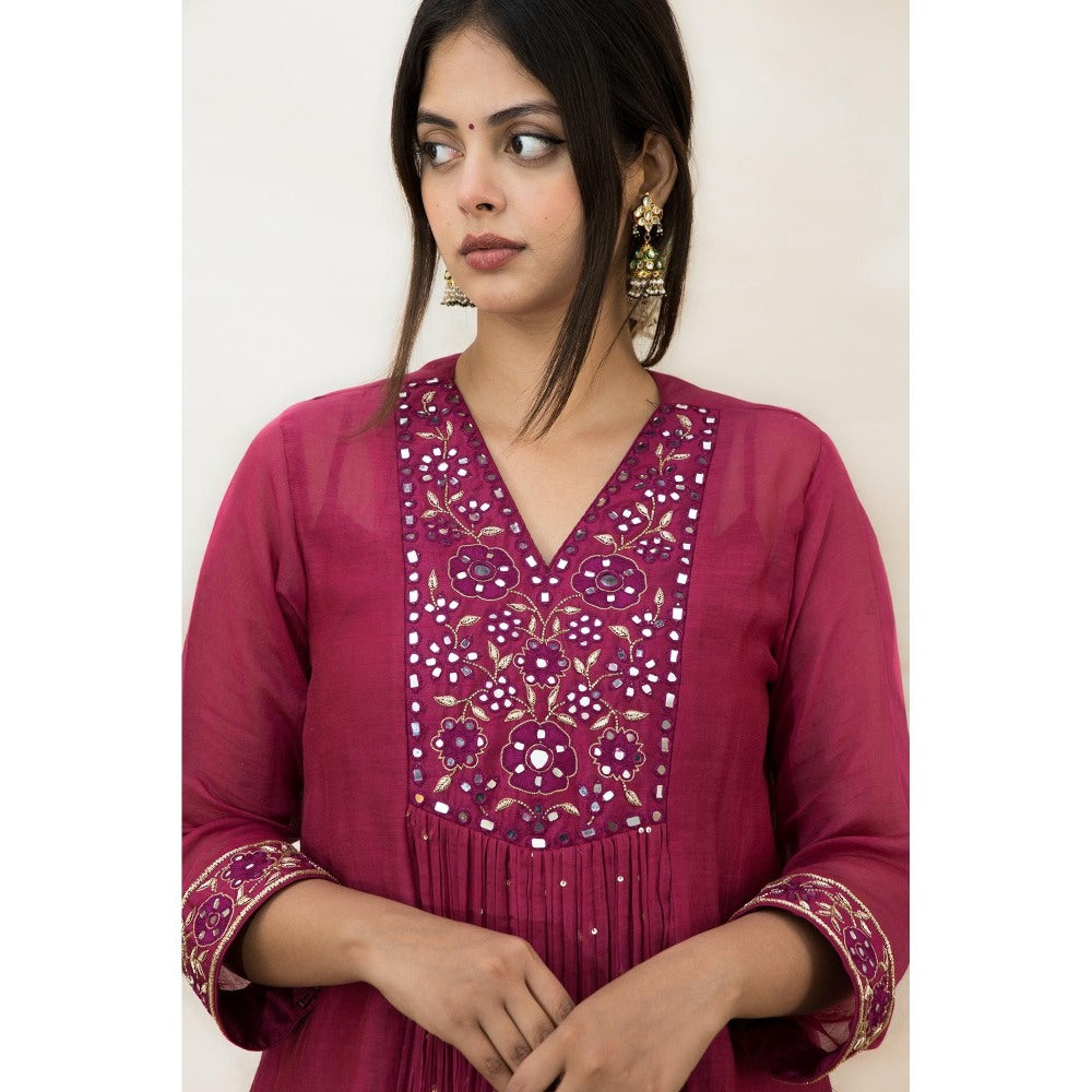 MITHI SUPARI Plum India Embroidered and Mirror Work Anarkali Kurta with Pant (Set of 2)