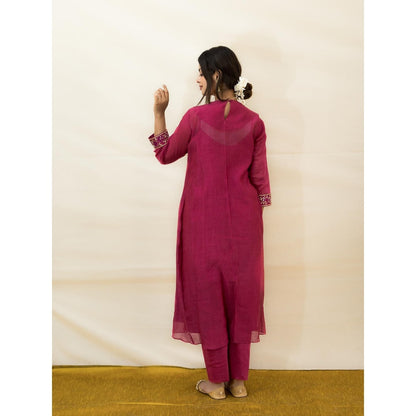 MITHI SUPARI Plum India Embroidered and Mirror Work Anarkali Kurta with Pant (Set of 2)