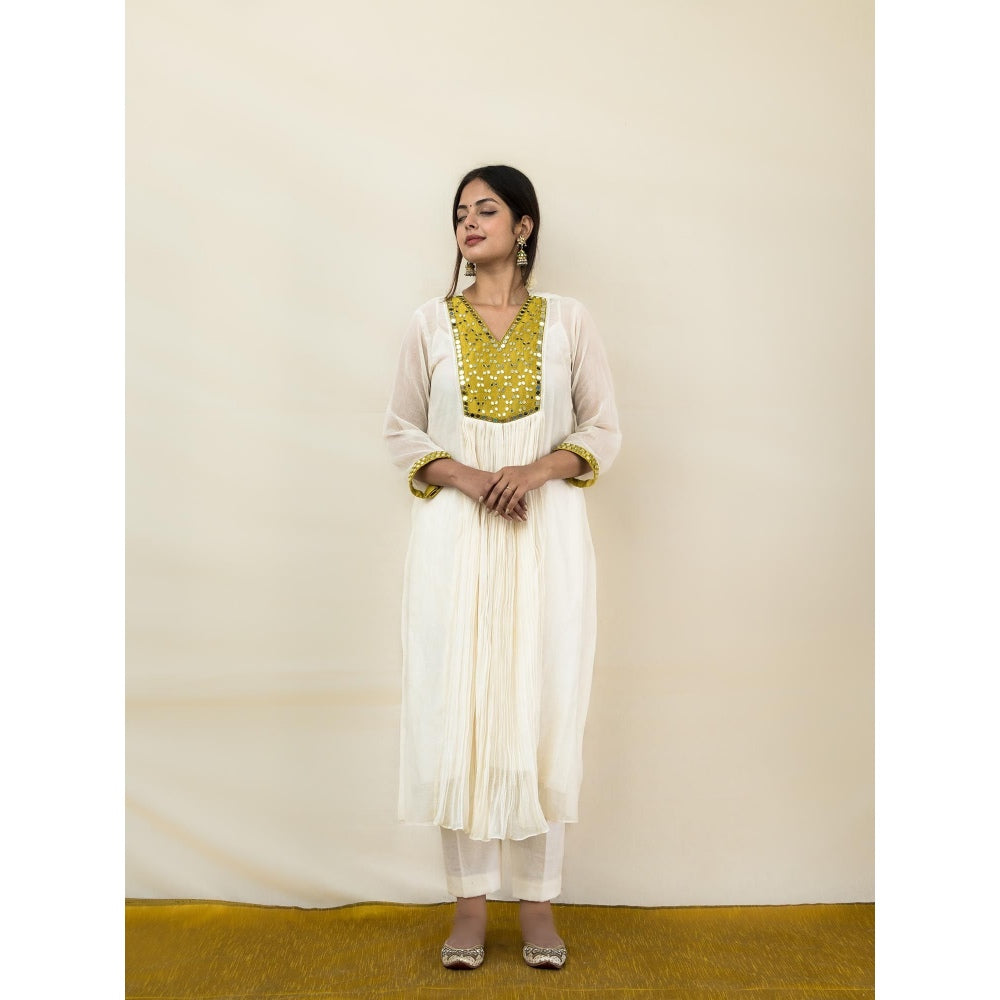MITHI SUPARI Ivory and Lime Meer Mirror Work Anarkali Kurta with Pant (Set of 2)