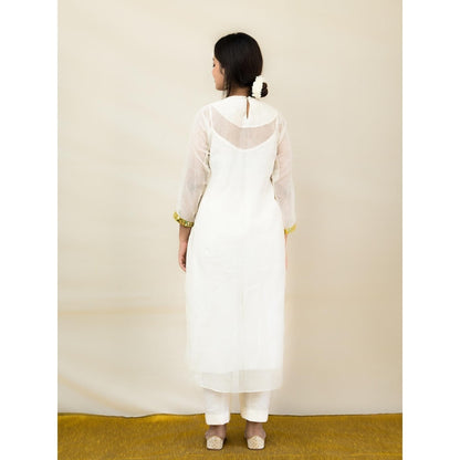 MITHI SUPARI Ivory and Lime Meer Mirror Work Anarkali Kurta with Pant (Set of 2)