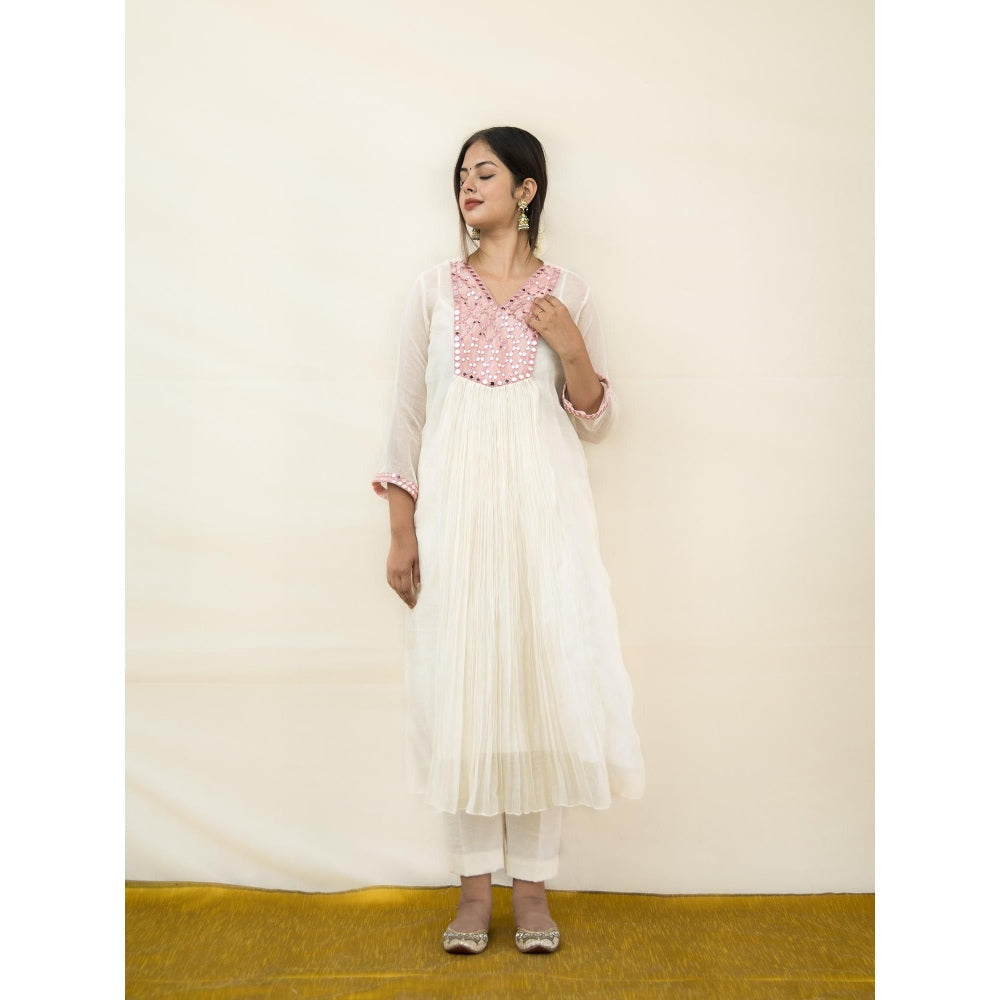MITHI SUPARI Ivory and Pink Meer Mirror Work Anarkali Kurta with Pant (Set of 2)