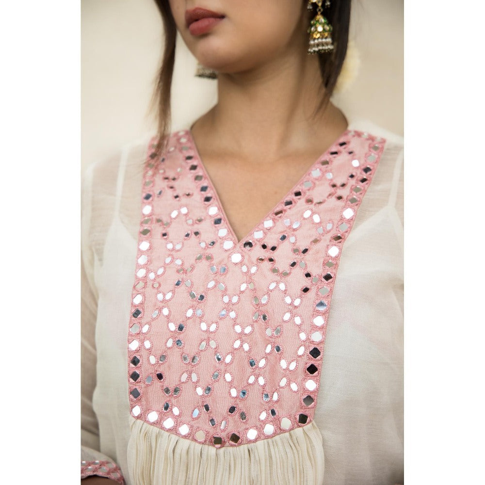 MITHI SUPARI Ivory and Pink Meer Mirror Work Anarkali Kurta with Pant (Set of 2)
