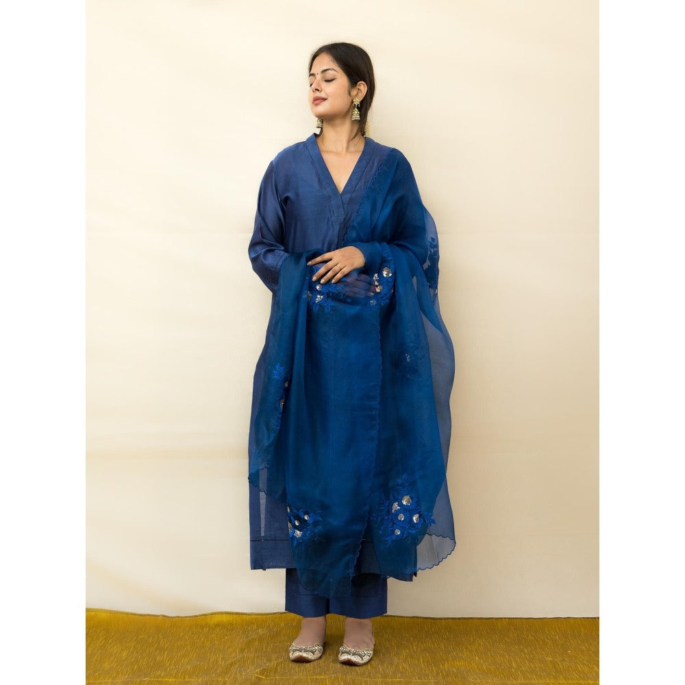 MITHI SUPARI Navy Blue Kanti Kurta with Pant and Embroidered Dupatta (Set of 3)
