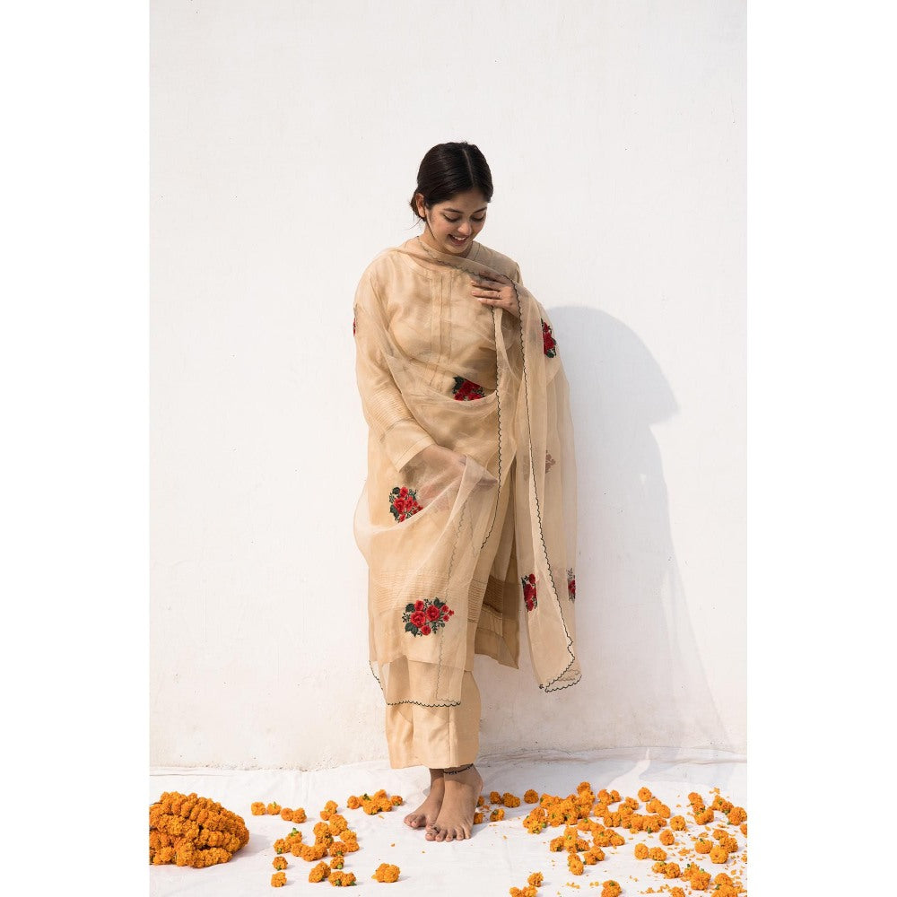 MITHI SUPARI Beige Maya Kurta with Pant and Embroidered Dupatta (Set of 3)