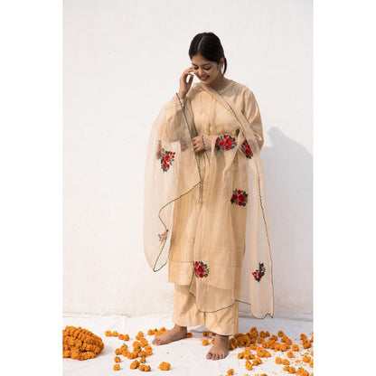 MITHI SUPARI Beige Maya Kurta with Pant and Embroidered Dupatta (Set of 3)