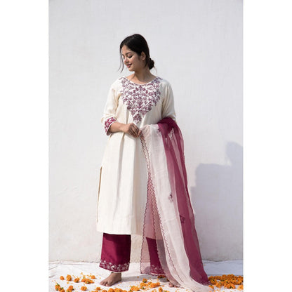 MITHI SUPARI Ivory Wine Ama Floral Embroidered Kurta with Pant and Dupatta (Set of 3)