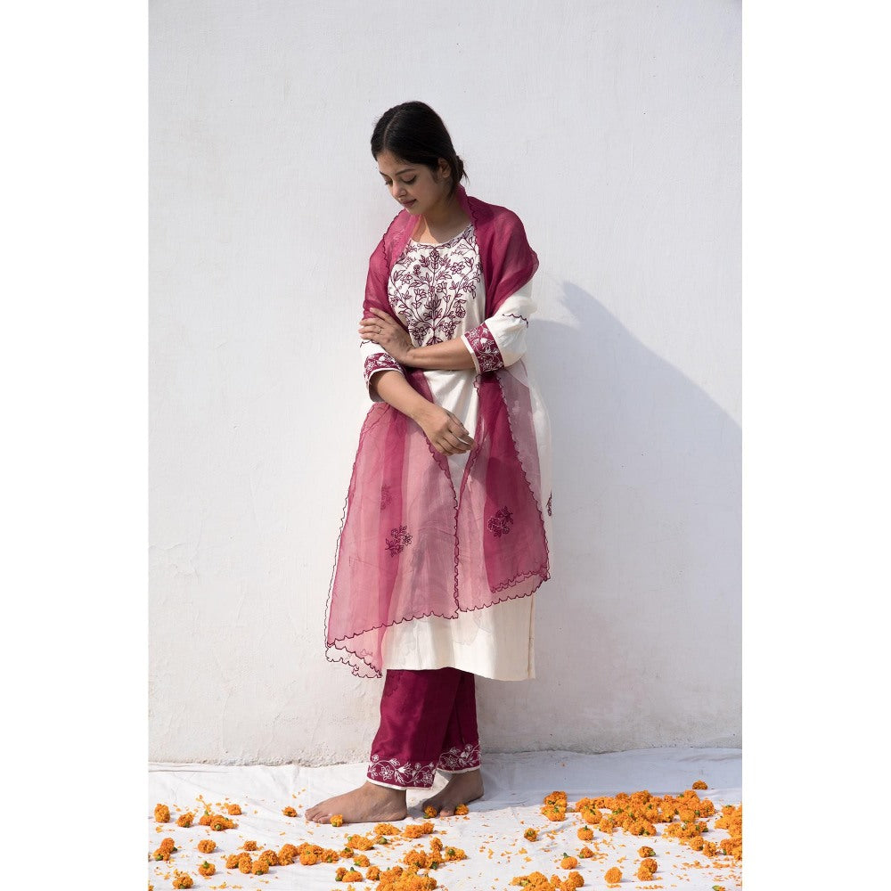 MITHI SUPARI Ivory Wine Ama Floral Embroidered Kurta with Pant and Dupatta (Set of 3)