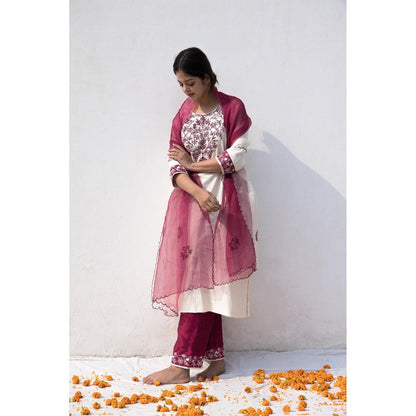 MITHI SUPARI Ivory Wine Ama Floral Embroidered Kurta with Pant and Dupatta (Set of 3)