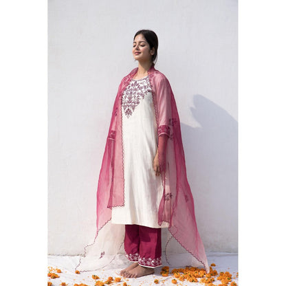 MITHI SUPARI Ivory Wine Ama Floral Embroidered Kurta with Pant and Dupatta (Set of 3)