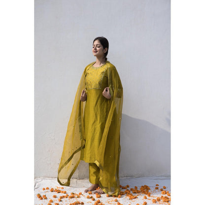 MITHI SUPARI Olive Nisa Mirror Work Kurta with Pant and Dupatta (Set of 3)