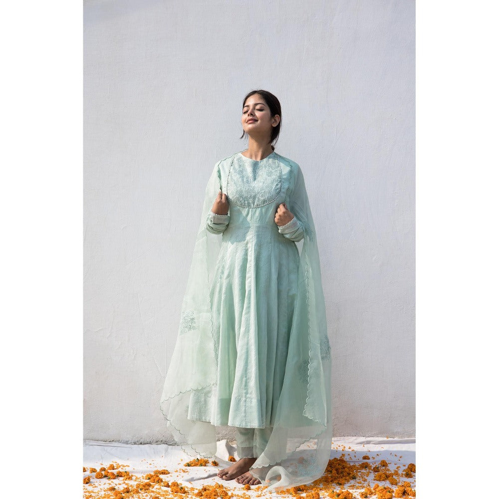 MITHI SUPARI Mint Green Bela Anarkali Kurta with Pant and Dupatta (Set of 3)