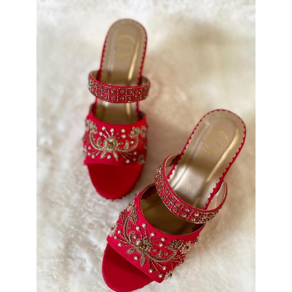 Modanta Red Embroidered Wedges