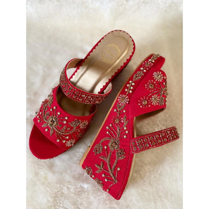 Modanta Red Embroidered Wedges