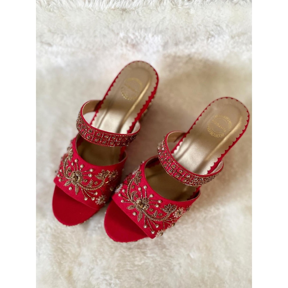 Modanta Red Embroidered Wedges