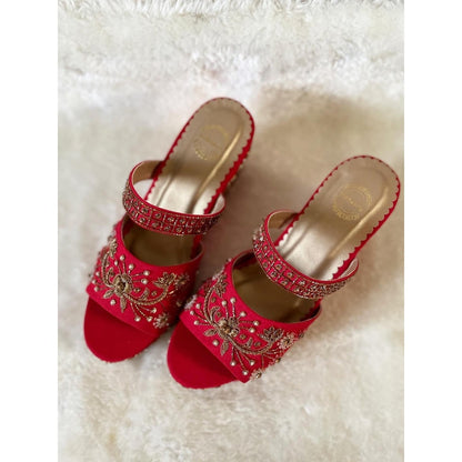 Modanta Red Embroidered Wedges