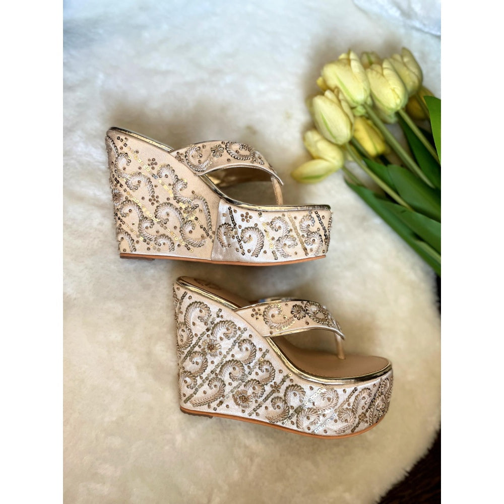 Modanta Satin Gold Embroidered High Wedges
