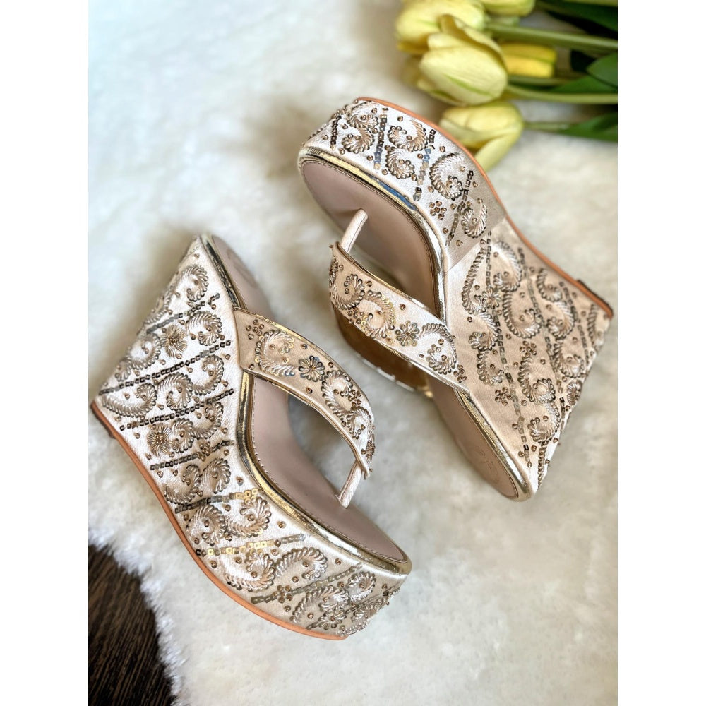Modanta Satin Gold Embroidered High Wedges