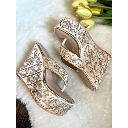 Modanta Satin Gold Embroidered High Wedges