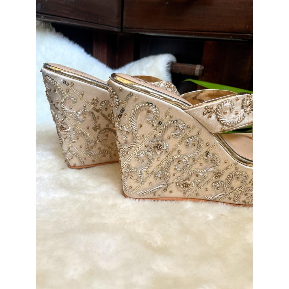 Modanta Satin Gold Embroidered High Wedges