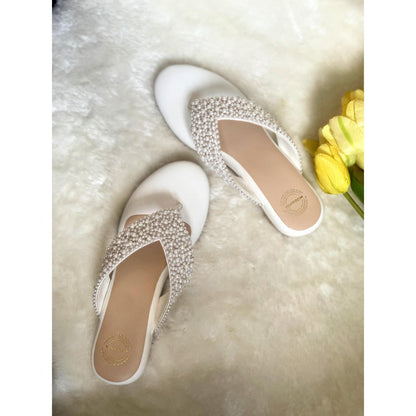Modanta Pearl V-Strap White Wedges