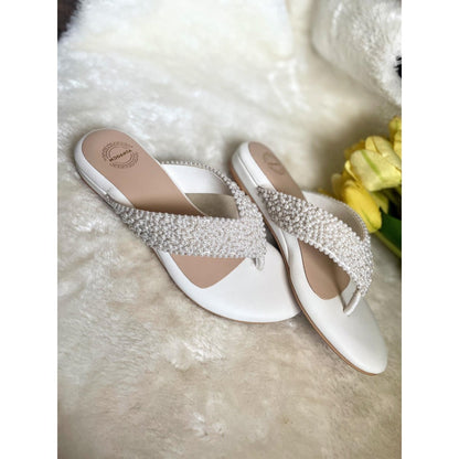 Modanta Pearl V-Strap White Wedges