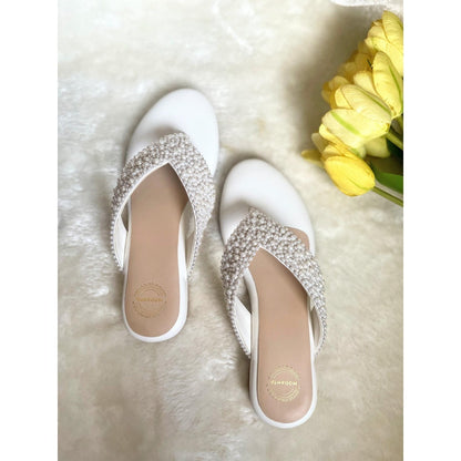 Modanta Pearl V-Strap White Wedges