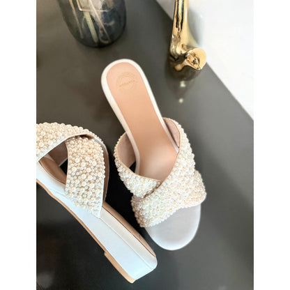 Modanta Cross Strap Pearl White Wedges