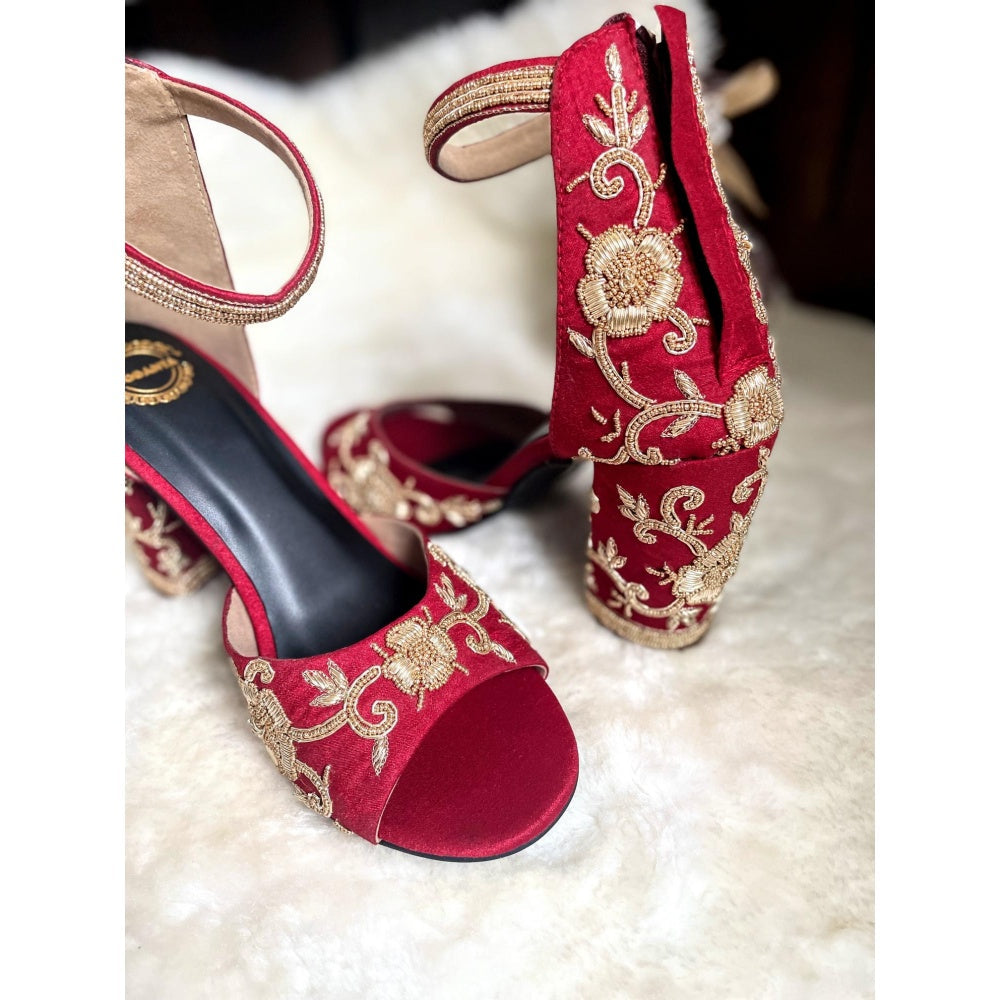 Modanta Red Embroidered Heels